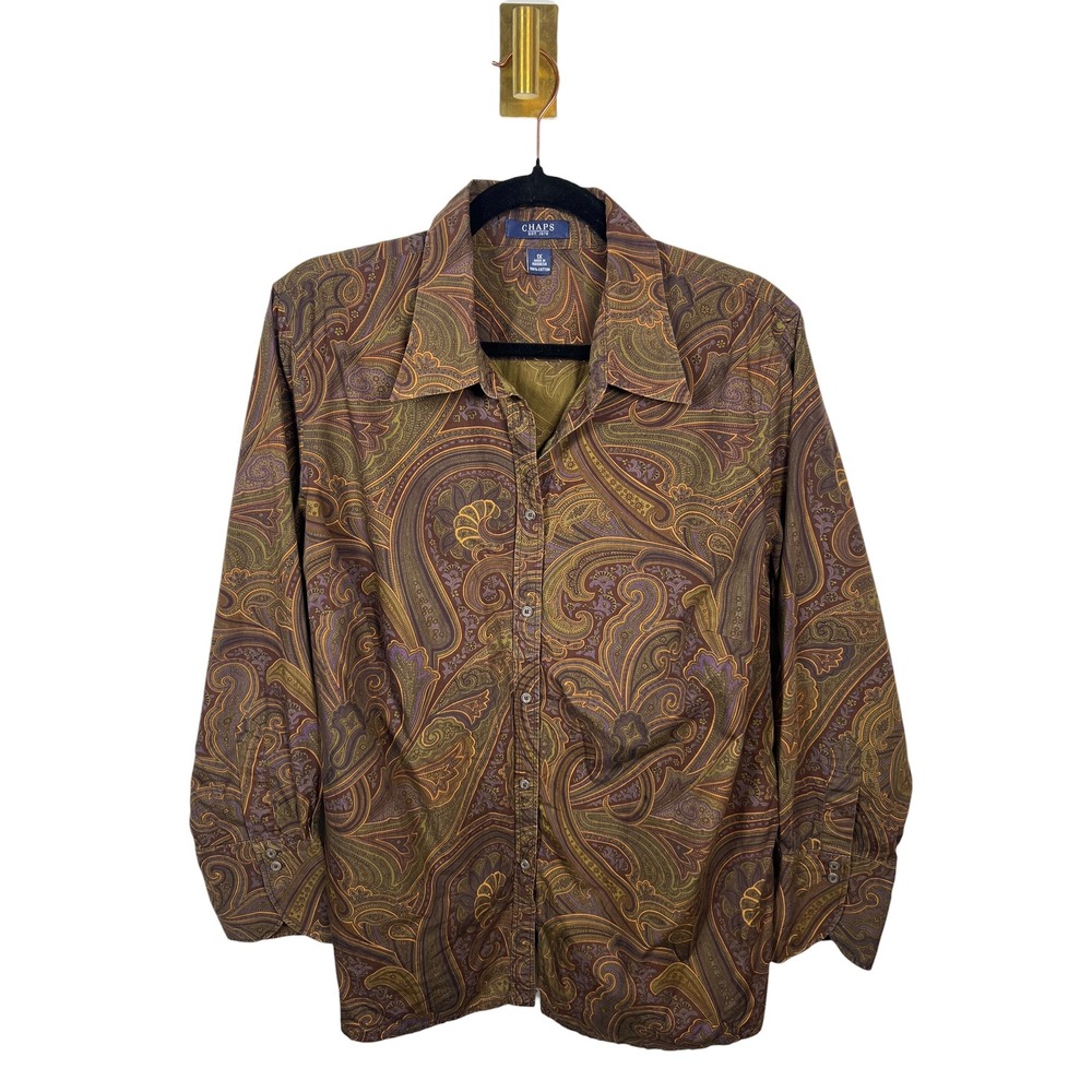 Chaps Paisley Cotton Button Down Shirt Brown Vintage Boho Long Sleeve 1X